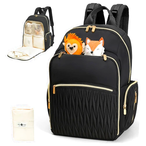miss fong Diaper Bag Backpack - Baby Diaper Bag with Diaper Changing Pad Quilted Travel Diaper Backpack with 16 Pockets Waterproof Mommy Bag Large Baby Bag Baby Shower Gifts for Mom & Dad-Black