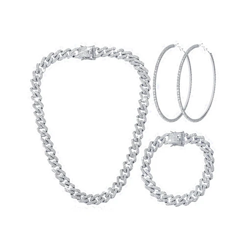 Batiyeer 3 Pcs Cuban Link Chain Necklace Bracelet Rhinestone Hoop Earrings Bling Crystal Hip Hop Jewelry for Women