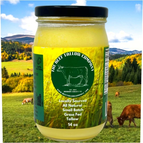 The Beef Tallow Company | 100% Small Batch Grass Fed Beef Tallow | Glass Jar with saftey shrink seal| Locally Sourced and made in the Hudson Valley | All Natural Keto, Paleo friendly, No GMO (14 OZ)
