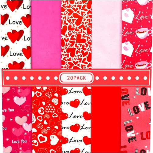 Whaline 20Pcs Valentine's Day Cotton Fabric Bundles Rose Red Pink Heart Love Printed Fat Quarters Quilting Patchwork 9.8 x 9.8Inch Squares Sewing Fabrics for DIY Handmade Crafting Home Party Decor