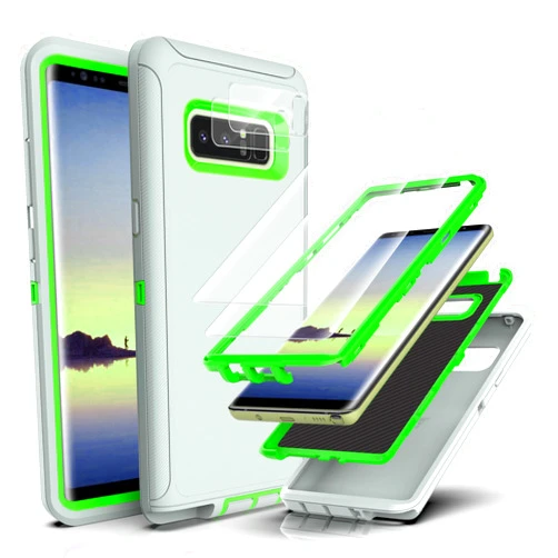 YmhxcY Case Compatible with Galaxy Note 8 with [Flexible TPU Film and Lens Screen Protective Film] 2 Pack,Drop Proof 3-Layer Durable Cover/Shockproof Armor Solid Rubber Case-Grey/Green