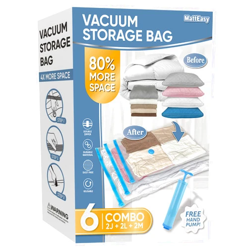 MattEasy Space Saver Vacuum Storage Bags, 6 Pack Combo (2 Jumbo/2 Large/2 Medium) Space Saver Bags with Pump, Storage Vacuum Sealed Bags for Clothes, Comforters, Blankets, Bedding