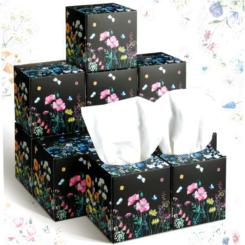 Bencailor 12 Pack Spring Wildflowers Facial Tissues Cube Boxes Floral Tiny Square Tissues 3-ply Travel Size Flower Face Box Cover Bulk for Spring Home Supplies(Black)