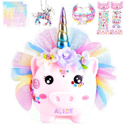 Play Tailor Piggy Bank for Girls Large Unicorn Piggy Banks with Necklace Bracelet DIY Stickers Cute Coin Piggybank Unbreakable for Toddler Kids Christmas Birthday Gifts, Pink with Rainbow Dress, M