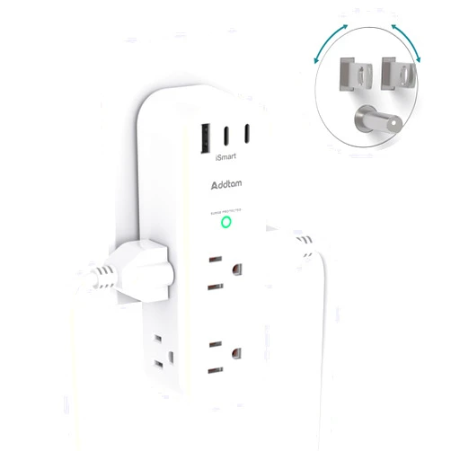 Addtam Surge Protector Wall Outlet Extender, Multi Plug Outlet with Rotating Plug, 6 AC Outlets 3 USB Ports (2 USB C), 1800J, 3-Side Power Strip Wall Mount, Outlet Splitter for College Dorm Travel Essentials