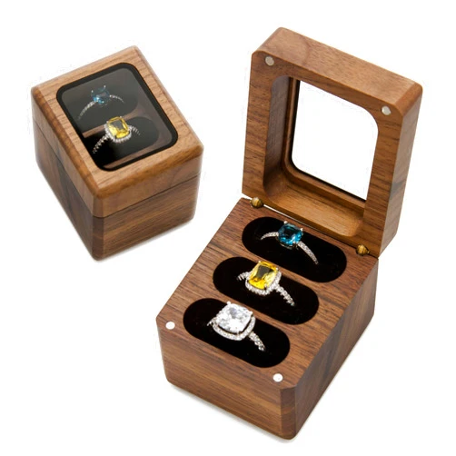 MUUJEE Wood 3 Slot Ring Box (Glass Lid) - Wedding Ceremony Ring Bearer Box Walnut Wood with Clear Transparent Lid, Proposal Engagement Ring Storage for 3 Rings, Unique Gift for Her, Three Slots, 2.25 x 2 x 2