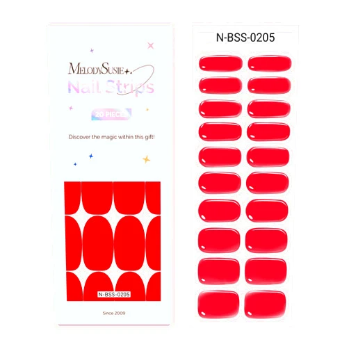 MelodySusie Semi Cured Gel Nail Strips (Red), Works with Nail Lamp, Salon Quality, Long Lasting, Easy to Apply and Remove, Includes 20Pcs, 2 Prep Pads, Nail File and Wooden Stick