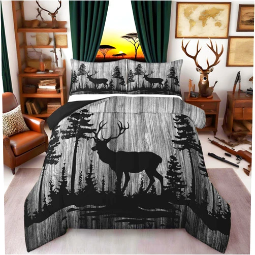 Feelyou Kids Cute Deer Comforter Set Full Size Deer Hunting Bedding Set for Boys Teens Decor Antlers Western Farmhouse Wild Animal Comforter Grey Wood Grain Duvet Set 3Pcs