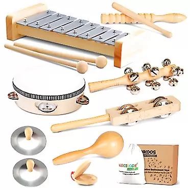 LOOIKOOS Toddler Musical Instruments, Eco Friendly Musical Set for Kids Preschool Educational, Natural Wooden Percussion Instruments Musical Toys for Boys and Girls with Storage Bag The Original Wood Color