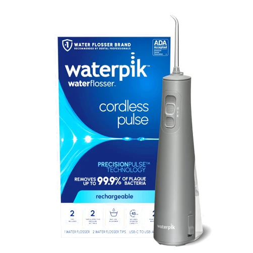 Waterpik Cordless Pulse Rechargeable Portable Water Flosser for Teeth, Gums, Braces Care and Travel with 2 Flossing Tips, Waterproof, ADA Accepted, WF-20 Gray, Packaging May Vary