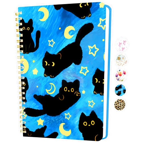 Stanoha Cute Spiral Notebook A5 Journal for Women Girls Kawaii Aesthetic Pretty Floral Design with Pocket, 8.5 x 5.7 inch, Line, Blue Black Cat