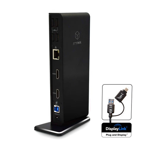 ICY BOX USB 3.0 Universal Laptop Docking Station for Windows/Mac - Dual Monitor Dock (Dual HDMI, Gigabit Ethernet, Audio, 4 USB Ports) with USB B to A/C Cable