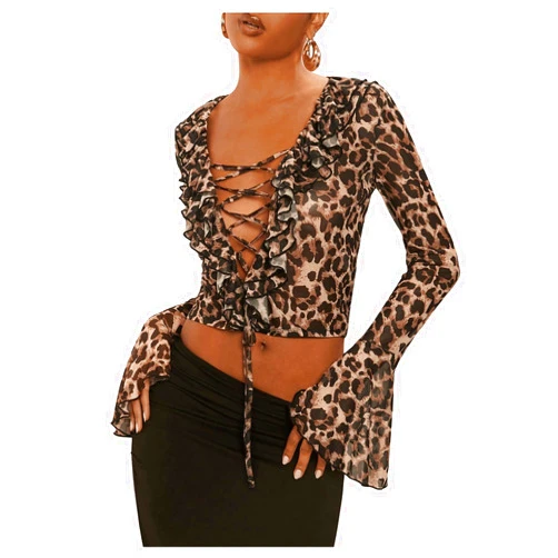 MakeMeChic Women's Leopard Print Bell Sleeve T Shirt Ruffle Trim Lace Up Deep V Neck Crop Tops