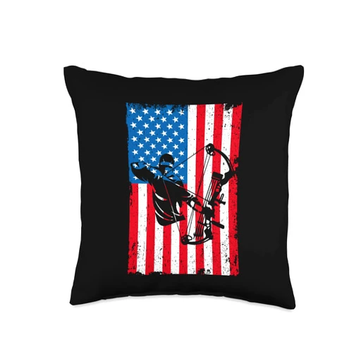 Bowhunting Present For Women And Men Hunting Archer American Flag Bowhunter Bowtech Throw Pillow, 16x16, Multicolor