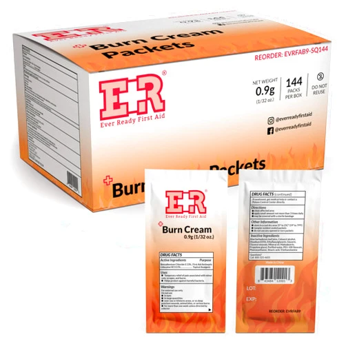 Ever Ready First Aid Burn Relief Cream, Box of 144 Packets containing 0.9g Each, with Lidocaine and Benzalkonium Chloride, Designed for Treating Burns at Home or Medical Skincare situations
