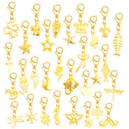 Aylifu 30 Pieces Golden Clip on Charm Pendants Mixed Styles Dangle Charms with Lobster Clasp Craft Supplies for DIY Earrings Jewelry Making Accessories