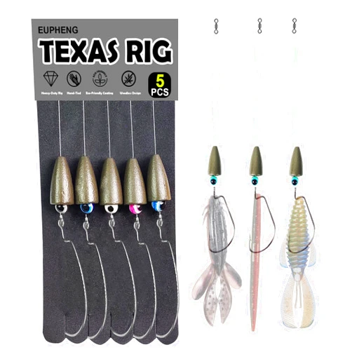 Eupheng Texas Rigs for Bass Fishing, Pre-Rigged Leader Line with Weights Hooks Barrel Swivel Kit Fishing Ready Texas Rig for Bass Perch 5PCS