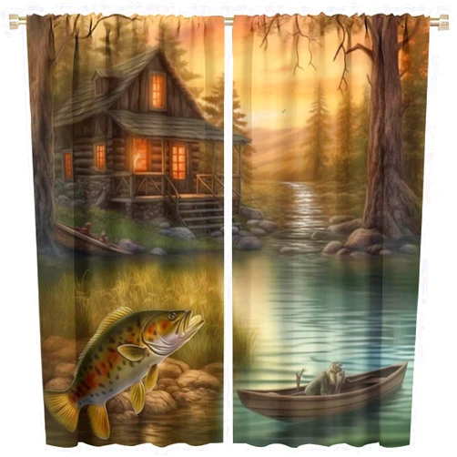 Hazuff Fishing Decor Curtains, Vintage Painting Style Rustic Cabin Pond Boat Fishing Bass Pattern Windows Treatments, Thermal Insulation Rod Pocket Drapes for Girls Boys Living Room Bedroom 42X45in