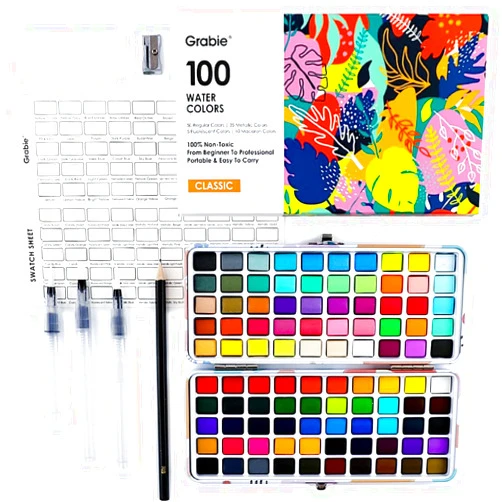Grabie 100 Colors Watercolor Paint Set - 50 Regular, 35 Metallic, 10 Macaron and 5 Fluorescent Colors - Portable with Carrying Case, Water Brush Pens, and Accessories - For Beginners and Professionals