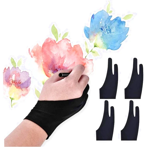 Mizi [4 Pack Artist Gloves Anti Smudge Two Fingers Drawing Gloves for Paper Sketching, Pad Monitor, Graphics Tablet, Universal for Left and Right Hand - 2.75x7.08 inch - Black