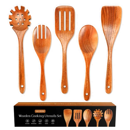MULBOM 5 PCS Wooden Spoons for Cooking Natural Teak Kitchen Utensils Smooth Non-Stick Surface Cooking Utensils Set Soft Comfort-Grip Wooden Utensils for Cooking