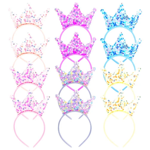 Acshio 12 Pack Princess Crown Headband, Glitter Sequin Crown Headband, Shiny Tiaras and Crowns Hair Accessories for Birthday Party, Proms, Gifts