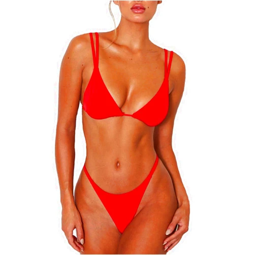 ForBeautyShe Women's Sexy Thong Bottom Two Piece Bikini Double Shoulder Straps Cute Swimsuit Triangle Bathing