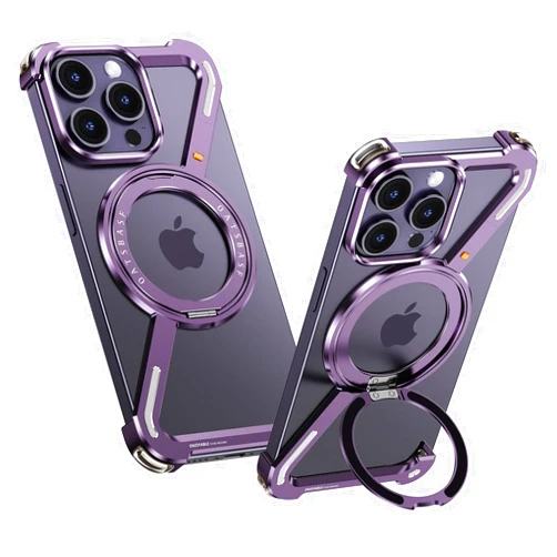 SAMORINO Minimalist Z Case Compatible with iPhone 14 Pro Max, 360° Kickstand Bezel Less Metal Slim Bumper Phone Case, Drop-Proof Protective Shell, Easy Fit, Purple