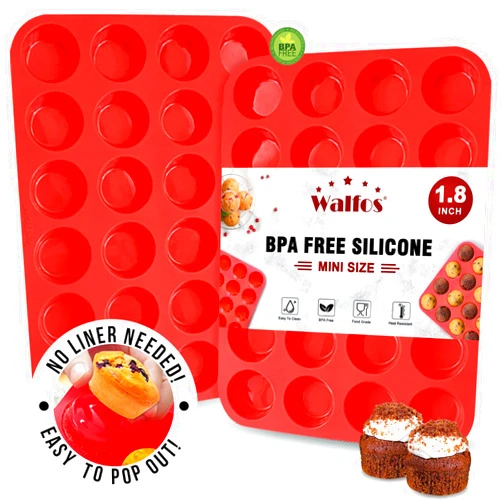 Walfos Silicone Cupcake Pan Set, 2-Piece Mini 24 Cups Muffin Baking Pan, BPA Free and Dishwasher Safe, Non-stick , Great for Making Muffin Cakes, Fat Bombs