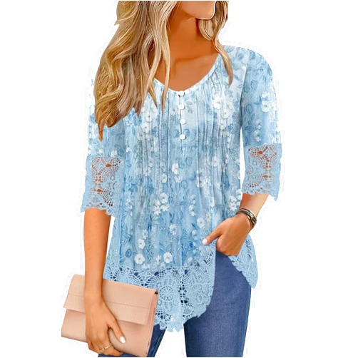 ETCYY Womens Tops Dressy Casual Summer Tops 3/4 Length Sleeve Shirts Spring 2025 Fashion Pleated Tunic Boho Floral Blouses
