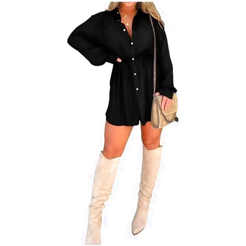 Mikylay Satin Dress Set - New Satin Covered Nights Romper Dress - V Neck Shirt Casual Button Shirt Dress