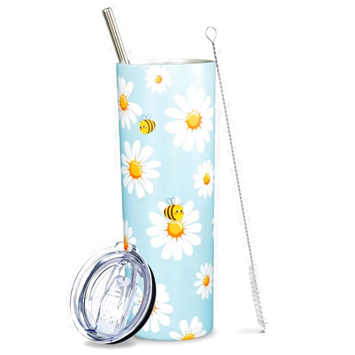 Mofvugz Daisy Gifts for Women Girl, Daisy Floral Bee Tumbler Cup Coffee Travel Mug Water Bottle, Cute Yellow Blue Stainless Steel Thermal Insulated Tumblers 20 Oz, Honey Bee Flower Decor Accessories