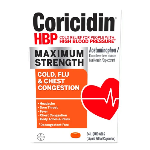 Coricidin HBP, Decongestant-Free Cold Symptom Relief for People with High Blood Pressure, Maximum Strength, Flu & Chest Congestion Liquid Gels, 24 Count