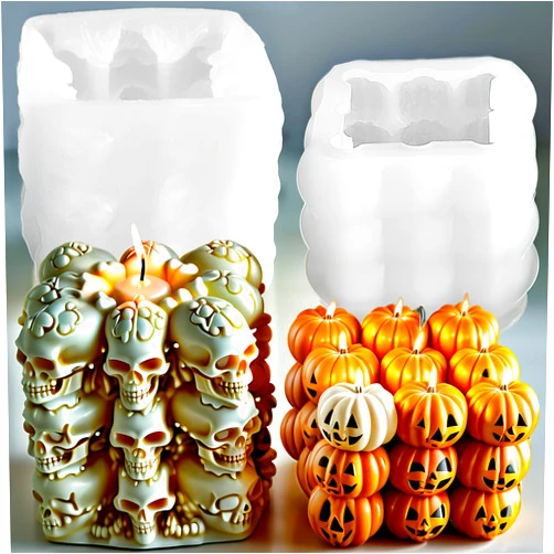 YMMLLP 2Pack Halloween Candle Molds Pumpkin Candle Molds Skull Silicone Mold Cube Bubble Pumpkin Skull Silicone Mold 3D Halloween Resin Mould for DIY Epoxy Resin Casting Handmade Aromatherapy Candle Wax Soap