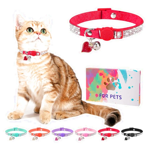 DILLYBUD Rhinestone Cat Collar Breakaway with Bell, Diamond Cat Collar with Safety Buckle Quick Release for Girl Boy Small Kitten Pets Puppy,Cute Soft Female Male Cat Collars, Color Red 8-12