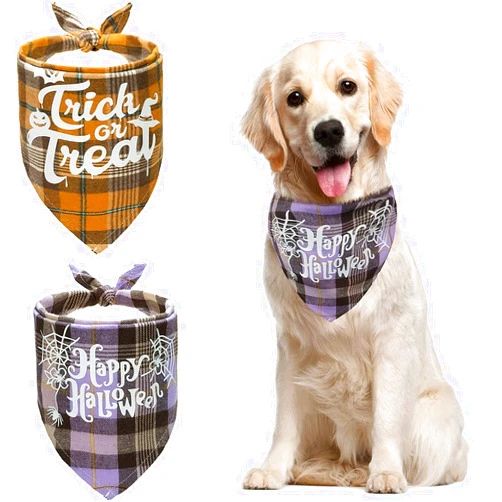 Forwardog Halloween Dog Bandanas - 2 Pack Purple and Orange Plaid Printing Signs Soft Cotton Pet Scarf Multiple Packs Replaced Bids Fit Large Medium Small Dogs