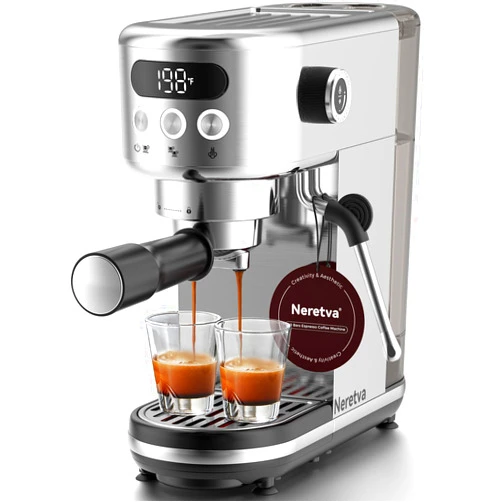 Neretva 20 Bar Espresso Machine, Super Compact Espresso Maker with LED Display & Milk Frother for Home Barista Stainless Steel Professional Coffee Machine Espresso Latte and Cappuccino Maker