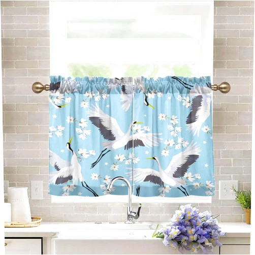 IIASOL Flying Crane and Flower Kitchen Curtains Tier Curtains Short Cafe Curtains for Bathroom Living Dining Room Kitchen Window Treatment Tiers Decor Rod Pocket Window Drapes 2 Panels, 27x36in