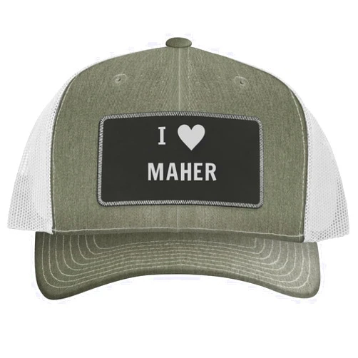One Legging it Around I Heart Love Maher - Leather Black Patch Engraved Trucker Hat