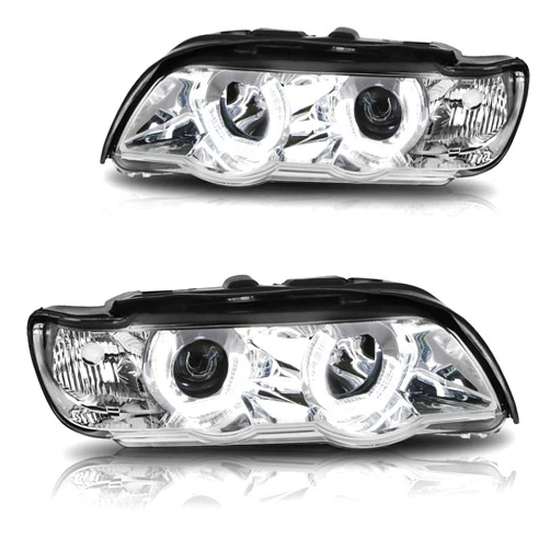 PM PERFORMOTOR 3D LED U-Halo Projector Headlight Assembly Compatible with BMW X5 E53 00-03 | Headlamps with Chrome Housing