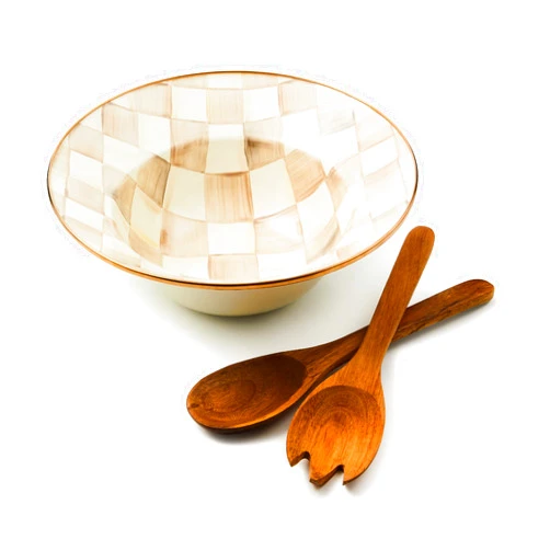 MACKENZIE-CHILDS Enamel Salad Serving Set, Enamel Bowl and Wooden Salad Servers, Decorative Kitchen Set, Brown-and-White Mocha Check