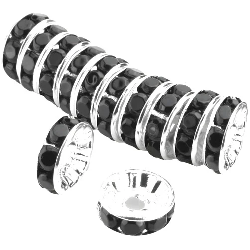 Allb 100Pcs Rondelle Spacer Beads 6mm Silver Plated Czech Crystal Rhinestone for Jewelry Making Loose Beads for Bracelets, black