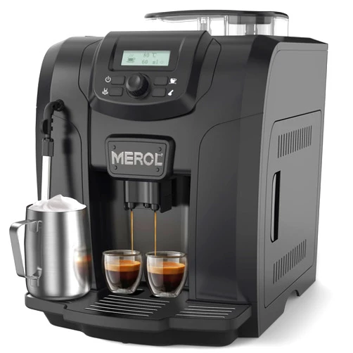 MEROL Automatic Espresso Coffee Machine, 19 Bar Barista Pump Coffee Maker with Grinder and Manual Milk Frother Steam Wand for Cappuccino Latte Macchiato, Black