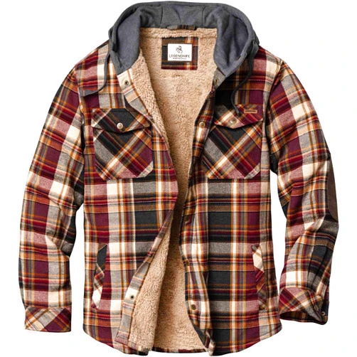 Legendary Whitetails Mens Hooded Shirt Jacket Plaid Flannel Berber Lined Polyfill Insulated Shacket