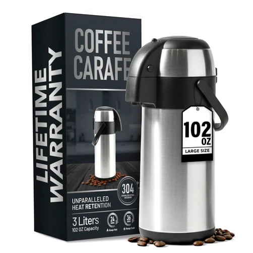 Linda's Essentials Coffee Carafe Insulated 102 OZ / 3L Stainless Steel Hot Beverage Dispenser, Airpot Coffee Dispenser with Pump, Thermal Coffee Carafe for Hot Liquids, Coffee Carafes for Keeping Hot Drink Dispenser