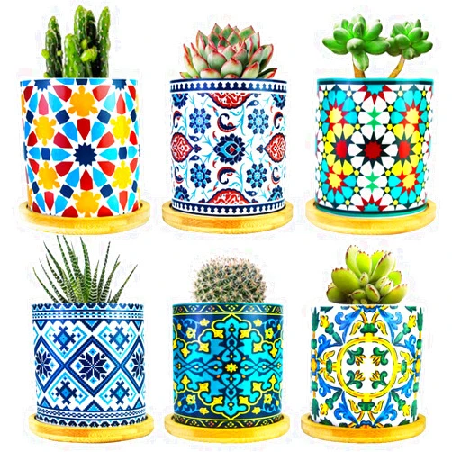 Ascrafter 6 Pack Mandala Succulent Plant Pot with Bamboo Trays, Ceramic Multicolored Succulent Container Planter Pot for Small Plant