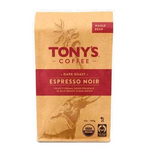 Tony's Coffee, Espresso Noir (12oz), Medium-Dark Roast Whole Bean Coffee, Organic and Fair Trade