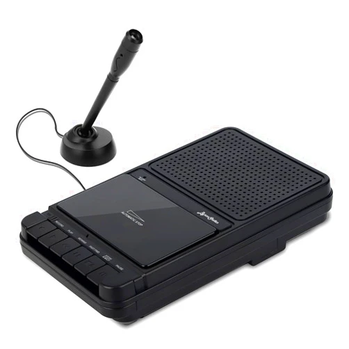 ByronStatics Portable Cassette Player Recorder with Stand - Alone Microphone, Built-in Speaker, Retractable Handle, Auto Voice Level Control, Headphone Jack, Aux in, for Meeting Tape Recorder Record Player