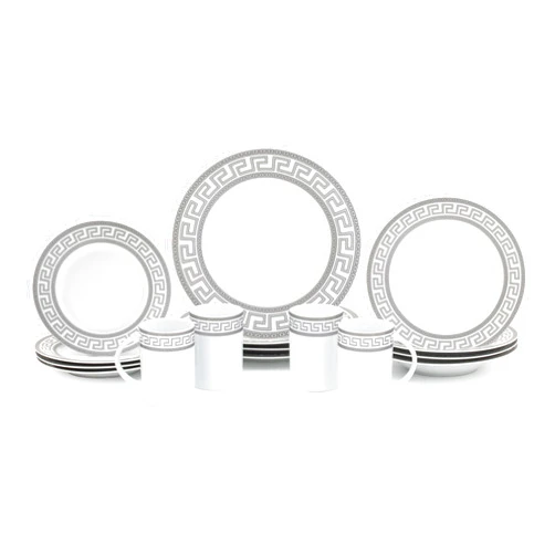 GIFTS PLAZA Porcelain Dinnerware Set for 4 - White with Silver 16 Piece Vintage Greek Key Design - Elegant Dinner Plates and Bowls Sets - Dining Kitchen Tableware for Gifts, Formal Occasions and Everyday Dishes
