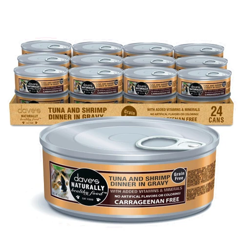 Dave's Pet Food Grain Free Wet Cat Food (Tuna & Shrimp Dinner in Gravy), Naturally Healthy Canned Cat Food, Added Vitamins & Minerals, Wheat & Gluten-Free, 5.5 oz Cans (Case of 24)